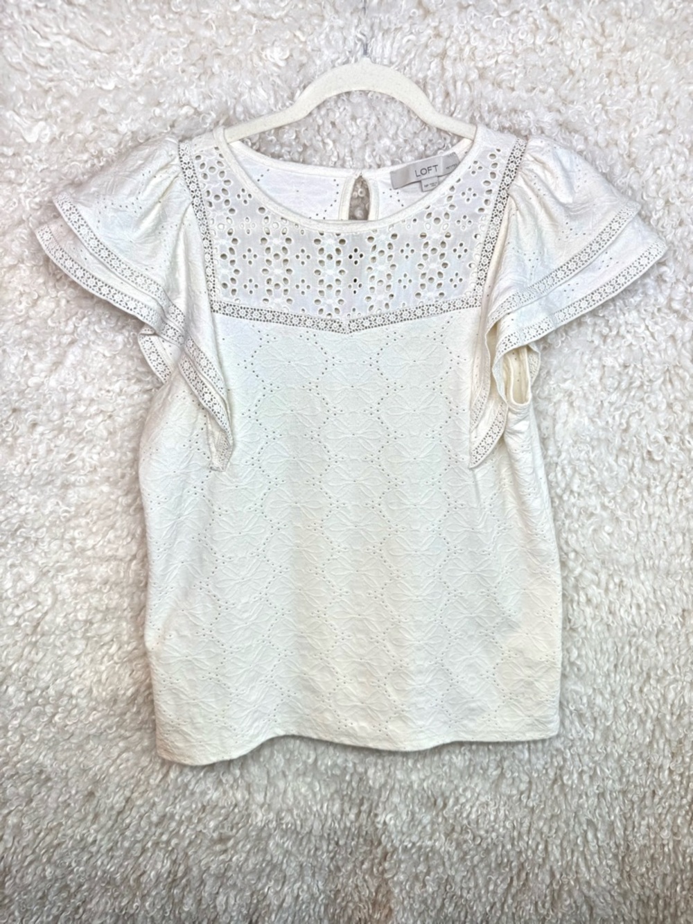 LOFT Navy Eyelet Yoke Ruffle Sleeve Blouse ✨💙 Feminine Chic Top